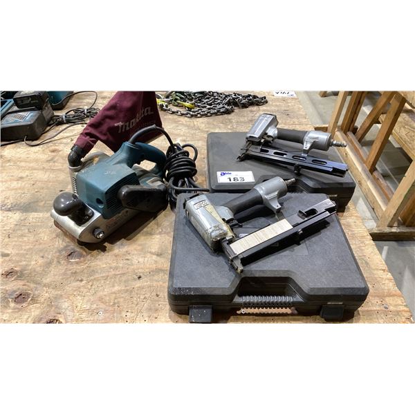 2 SUPCO PNEUMATIC STAPLE GUNS WITH HARD TRANSPORT CASES & MAKITA 9403 ELECTRIC BELT SANDER