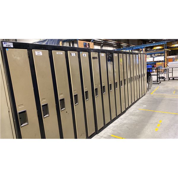 APPROX 20' RUN OF BLACK/BEIGE SINGLE DOOR GYM LOCKERS APPROX 20 LOCKERS TOTAL