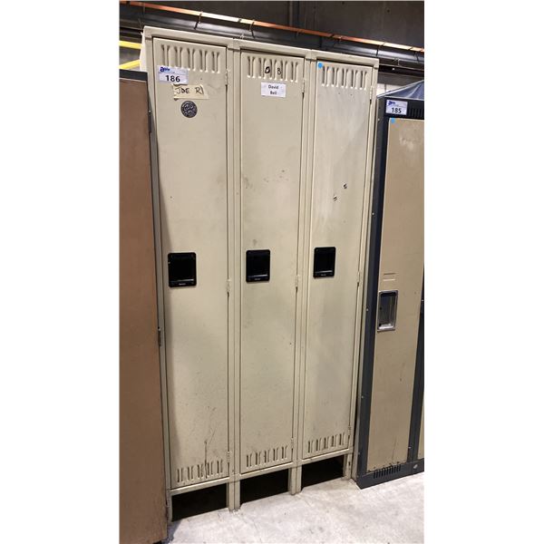 3 BEIGE SINGLE DOOR GYM LOCKERS APPROX 3'W X 6.7'H