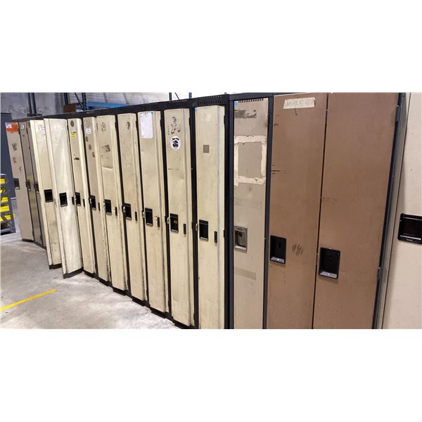 APPROX 16' RUN OF BLACK/BEIGE SINGLE DOOR GYM LOCKERS APPROX 16 LOCKERS TOTAL