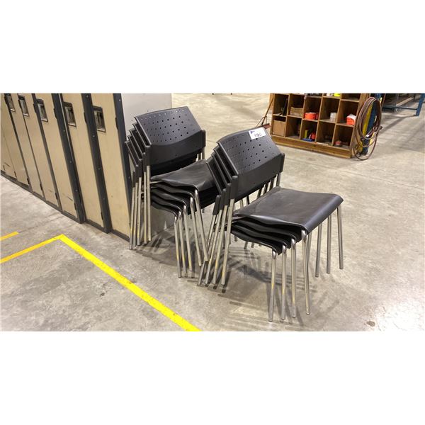 APPROX 9 METAL BASE BLACK PLASTIC STACKING CHAIRS
