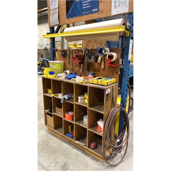 WOODEN STORAGE SHELF WITH CONTENTS INCLUDING HAND TOOLS, AIRLINE HOSE, PAPER ROLL DISPENSER & MORE