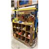 Image 1 : WOODEN STORAGE SHELF WITH CONTENTS INCLUDING HAND TOOLS, AIRLINE HOSE, PAPER ROLL DISPENSER & MORE