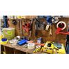 Image 3 : WOODEN STORAGE SHELF WITH CONTENTS INCLUDING HAND TOOLS, AIRLINE HOSE, PAPER ROLL DISPENSER & MORE
