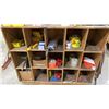 Image 4 : WOODEN STORAGE SHELF WITH CONTENTS INCLUDING HAND TOOLS, AIRLINE HOSE, PAPER ROLL DISPENSER & MORE