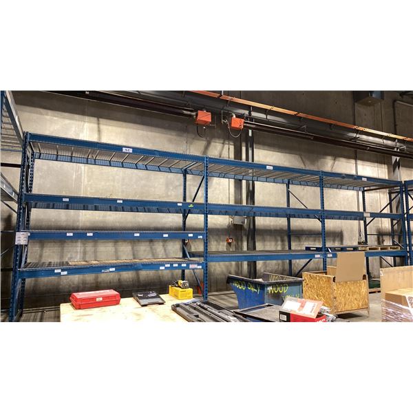 3 BAYS OF BLUE PALLET RACKING W/MESH DECK SHELVING - (4) UPRIGHTS AND (20) SIDE RAILS