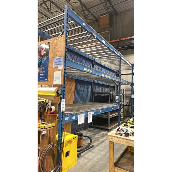 2 BAYS OF BLUE PALLET RACKING W/MESH DECK SHELVING - (3) UPRIGHTS AND (10) SIDE RAILS