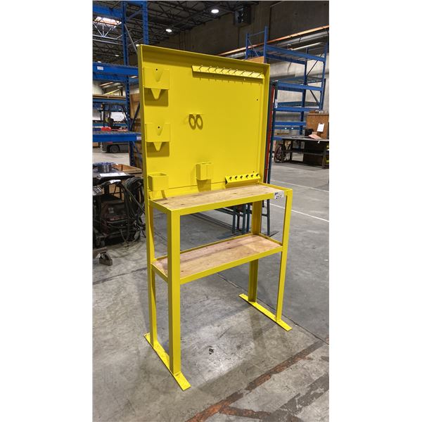 YELLOW METAL WOOD TOP WORK SHELF UNIT APPROX 6'H X 1'D X 3'W