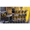 Image 4 : WALL MOUNT ORGANIZER RACK WITH ASSORTED DRILL PRESS CHUCKS, DRILLS & MACHINIST CLAMPS