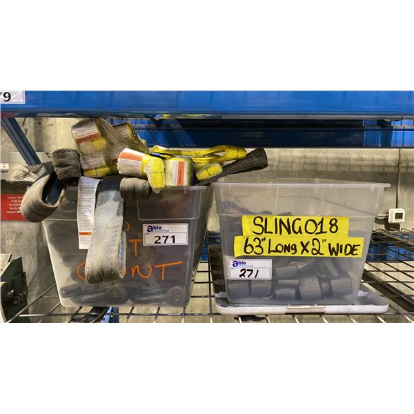 2 PLASTIC BINS OF ASSORTED HEAVY DUTY LIFTING SLINGS