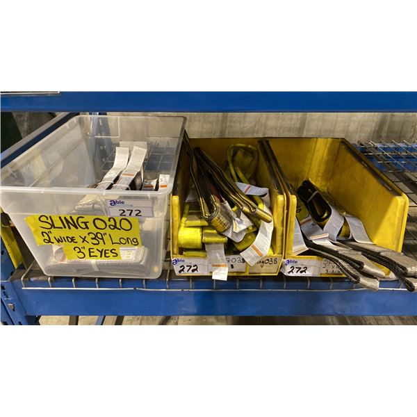 3 PLASTIC BINS OF ASSORTED HEAVY DUTY LIFTING SLINGS