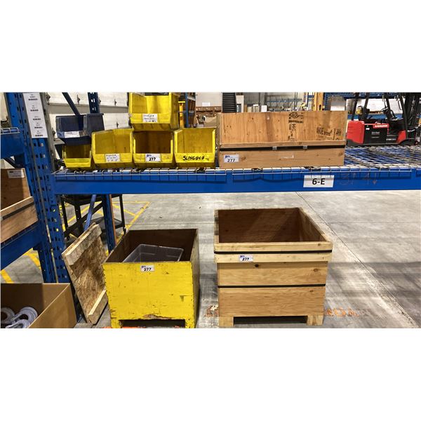 6 PLASTIC PARTS STORAGE BINS & 3 WOODEN STORAGE CRATES