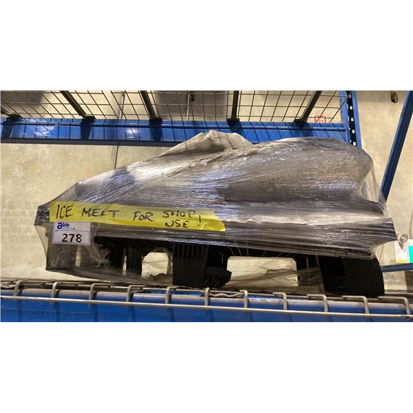 SMALL PALLET OF ICE MELT & 4 BUCKETS OF MISC LUBRICANTS