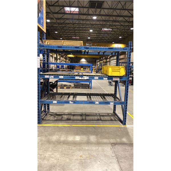 1 BAY OF BLUE PALLET RACKING W/MESH DECK SHELVING - (2) UPRIGHTS AND (6) SIDE RAILS