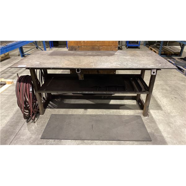 1/2" THICK TOP 2 TIER METAL SHOP TABLE APPROX 7'L X 3'D X 3'H WITH AIR HOSE, EXTENSION CORD & ANTI