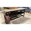 Image 2 : 1/2" THICK TOP 2 TIER METAL SHOP TABLE APPROX 7'L X 3'D X 3'H WITH AIR HOSE, EXTENSION CORD & ANTI