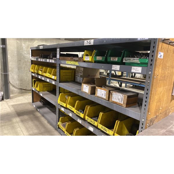 2 GREY METAL SHELF RACKING UNITS WITH CONTENTS INCLUDING MACHINE COMPONENTS, RIVETS, MOUNTING