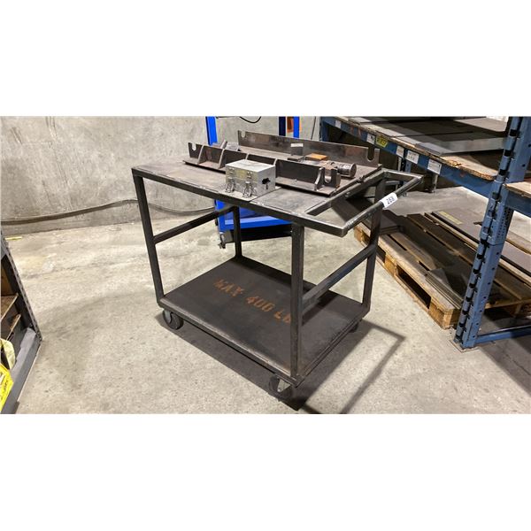2 TIER METAL MOBILE SHOP CART WITH ASSORTED METAL COMPONENTS