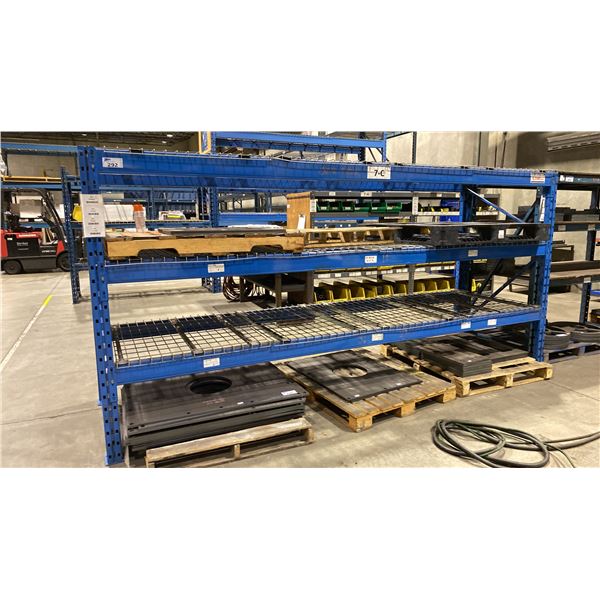 1 BAY OF BLUE PALLET RACKING W/MESH DECK SHELVING - (2) UPRIGHTS AND (6) SIDE RAILS