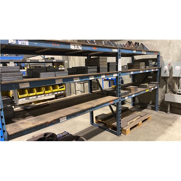 BLUE PALLET RACKING W/PLYWOOD SHELVING - (3) UPRIGHTS AND (12) SIDE RAILS