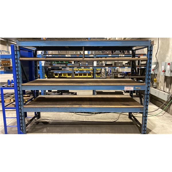 1 BAY OF BLUE PALLET RACKING W/PLYWOOD SHELVING - (2) UPRIGHTS AND (6) SIDE RAILS