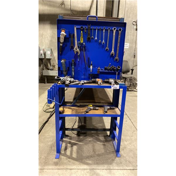 BLUE METAL WORK STATION WITH 9 PNEUMATIC TOOLS, ASSORTED COMBINATION WRENCHES, MAKITA IMPACT