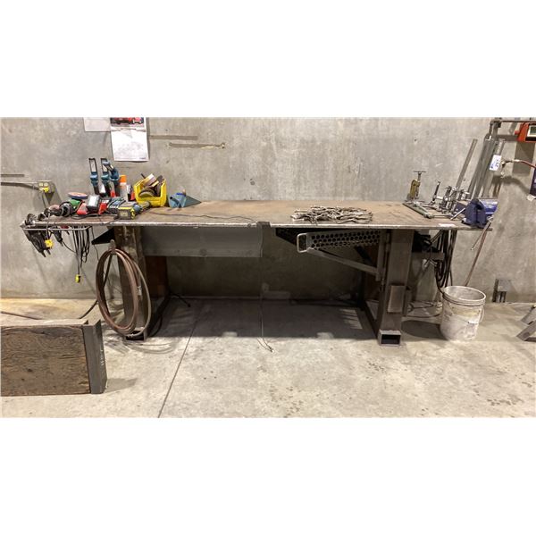 1" THICK TOP METAL SHOP TABLE WITH BENCH VICE, SWING OUT STORAGE DRAWER & UNDERNEATH STORAGE