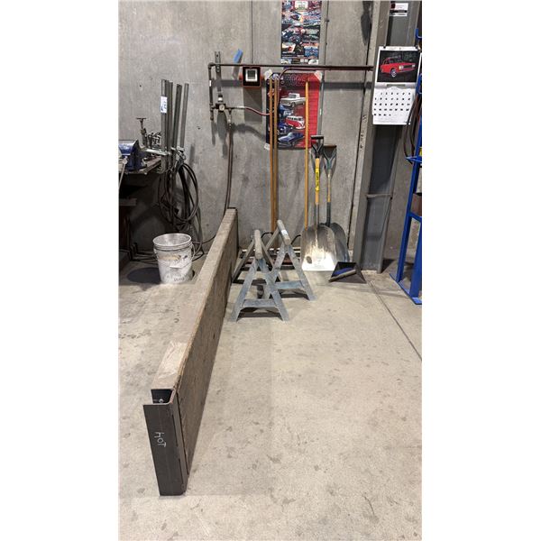 PAIR OF ALUMINUM SAWHORSES, WOOD SCAFFOLDING PLANK, SHOP BROOMS & SHOVELS