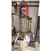 Image 4 : PAIR OF ALUMINUM SAWHORSES, WOOD SCAFFOLDING PLANK, SHOP BROOMS & SHOVELS