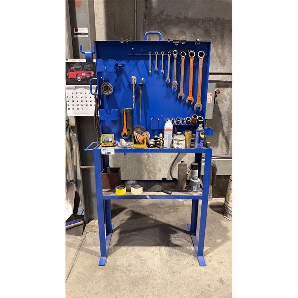 BLUE METAL WORK STATION WITH ASSORTED TOOLS/CONTENTS INCLUDING COMBINATION WRENCHES, GRINDER