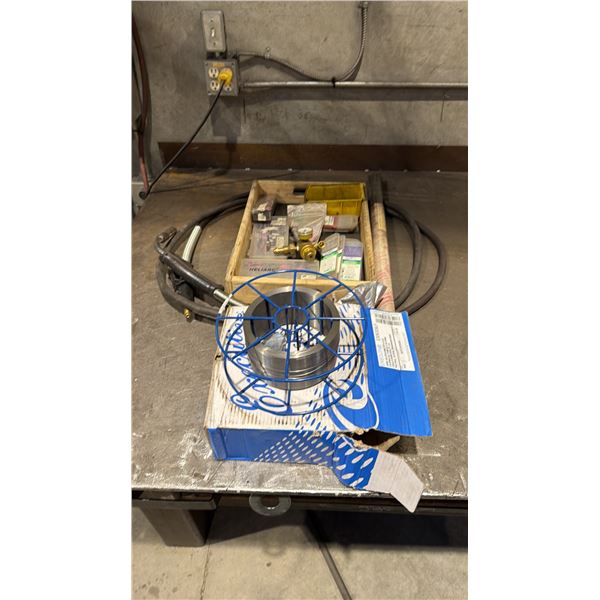WELDING TORCH, HARRIS 355 GAUGE, 2 SPOOLS OF WELDING WIRE ASSORTED WELDING TIPS & ELECTRODES