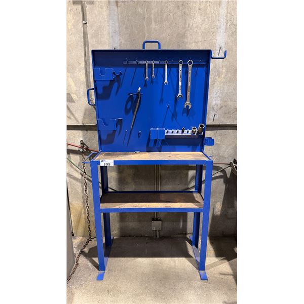 BLUE METAL WORK STATION WITH CONTENTS APPROX 40" W X 12.5" D X 74" H