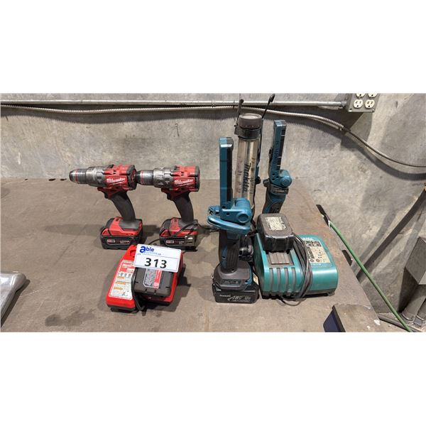 2 MILWAUKEE CORDLESS DRILLS WITH 3 BATTERIES & CHARGER, 4 MAKITA CORDLESS ADJUSTABLE WORK