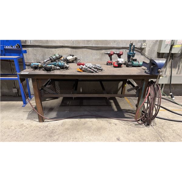 1/2" STEEL TOP WELDERS TABLE WITH IRWIN RECORD NO.8 BENCH VICE APPROX  7'L X 4'D X 3'H
