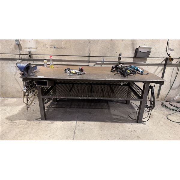 1/2" STEEL TOP WELDERS TABLE WITH IRWIN RECORD NO.8 BENCH VICE APPROX  8'L X 4'D X 3.2'H