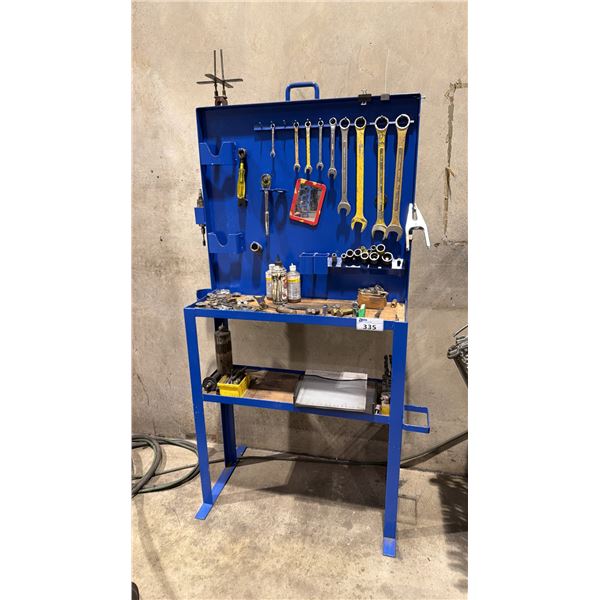 BLUE METAL WORK STATION WITH ASSORTED COMBINATION WRENCHES, BITS, SOCKETS & MORE