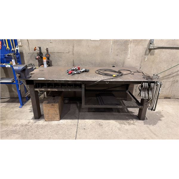 1/2" STEEL TOP WELDERS TABLE WITH IRWIN RECORD NO.8 BENCH VICE APPROX  8'L X 4'D X 3'H