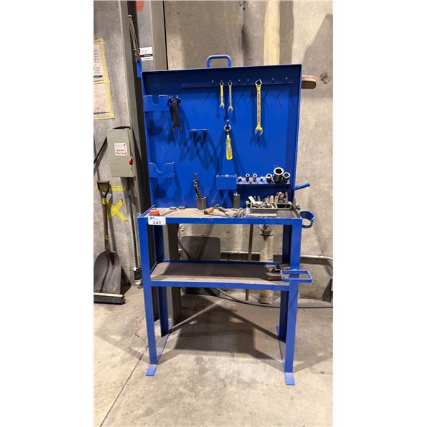 BLUE METAL WORK STATION WITH CONTENTS APPROX 40" W X 12.5" D X 74" H