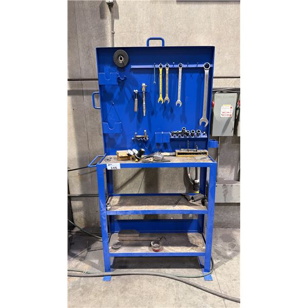 BLUE METAL WORK STATION WITH ASSORTED TOOLS/CONTENTS