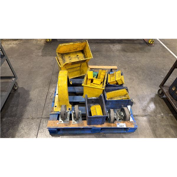 PALLET OF ASSORTED STORAGE ORGANIZER BINS, CASTER WHEELS & MORE