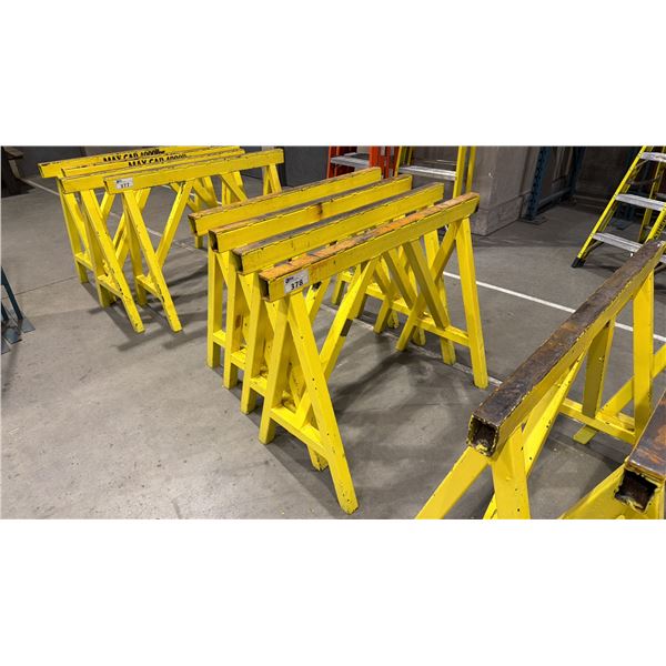 GROUP OF 4 YELLOW METAL HEAVY DUTY SAW HORSES APPROX 4' L X 3' H