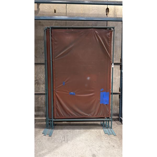 GROUP OF 4 METAL FRAMED TALL WELDING CURTAINS APPROX 5.5'W X 9.5'H