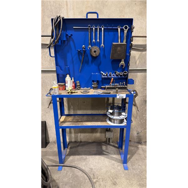BLUE METAL WORK STATION WITH ASSORTED SHOP CONTENTS & 2 SPOOLS OF WELDING WIRE