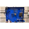 Image 3 : BLUE METAL WORK STATION WITH ASSORTED SHOP CONTENTS & 2 SPOOLS OF WELDING WIRE