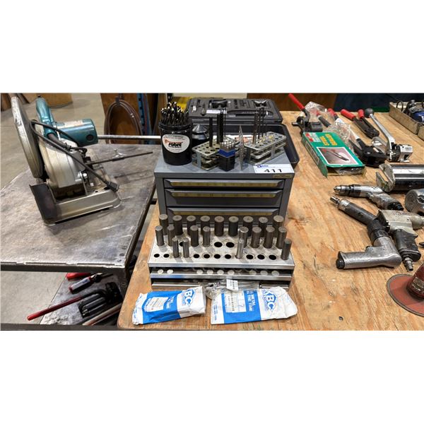 HUOT #13000 THREE-DRAWER STEEL CABINET WITH ASSORTED SIZED DRILL BITS & ASSORTED PUNCHES