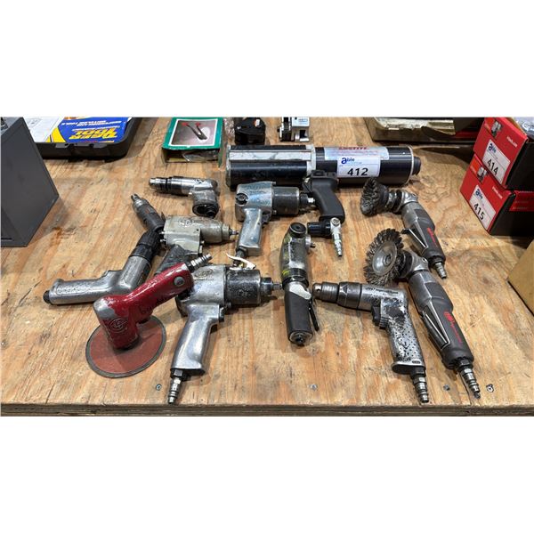 GROUP OF APPROX 14 PNEUMATIC TOOLS INCLUDING GRINDERS, DRILLS, APPLICATOR GUN, DIE GRINDER &