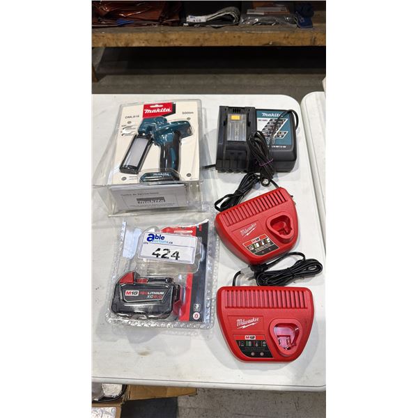*NEW* MAKITA WORK LIGHT *NO BATTERY*,  2 MILWAUKEE M12 CHARGERS & 1- M18 BATTERY