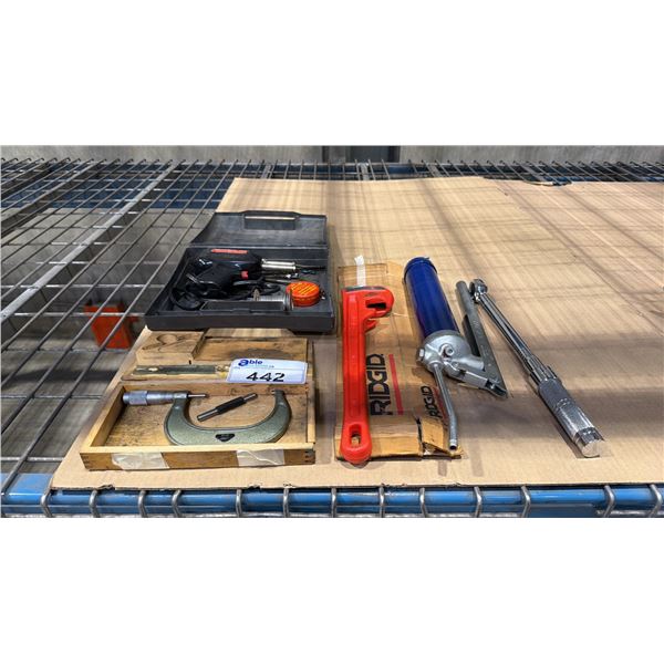 RIDGID PIPE WRENCH, LINCOLN GREASE GUN, PROTO RATCHET, WELLER SOLDER GUN & OUTSIDE MICROMETER
