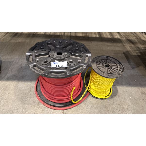SPOOL OF FRONTIER 3/8" 300 PSI W.P HOSE & SPOOL OF YELLOW HEAVY DUTY ROPE