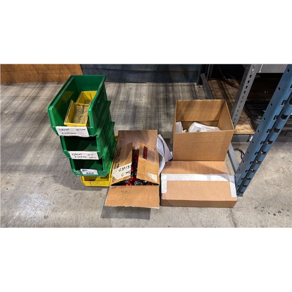 ASSORTED STORAGE BINS, HARDWARE, BOX OF TOGGLE CLAMPS, GREASE GUN & MORE